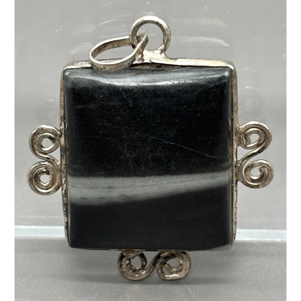 Artisan Banded Black Onyx Agate Silver Framed Pendant Rectangular Scrollwork